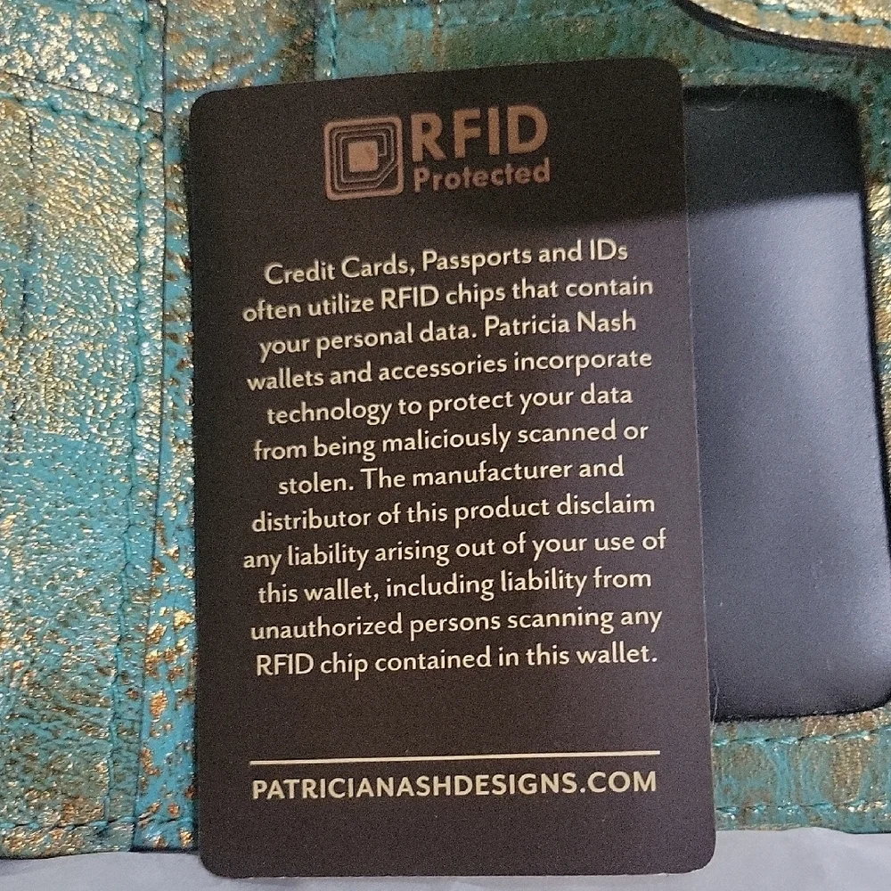 Patrcia Nash Turquoise Tooled Leather Wallet with Bronze Design RFID Protect